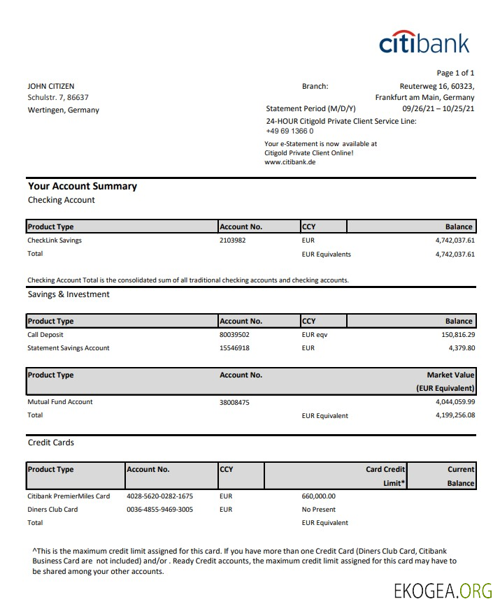 Modèle de relevé de compte bancaire Allemagne Citibank au format Excel et PDF
